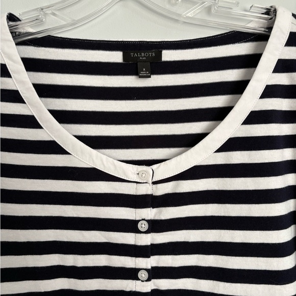 Talbots Black White Cotton Striped Short Puff Sleeve Scoop Neck Chic Blouse 1X - Picture 2 of 8